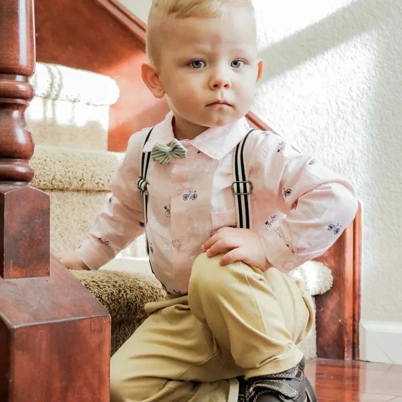 Baby Button Down Onesie, Pants, Suspenders, Bowtie - Picture 1 of 8